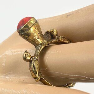 Vintage Bird Ring Afghan: Red Stone, Middle Eastern Brass Kuchi Composite Jasper